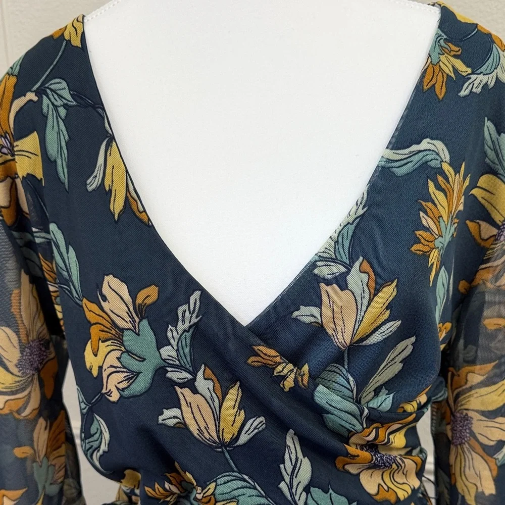 Floral Wrap overlayed Maxi Dress 3/4 sleeve in Teal and Mustard✨Large - Picture 5 of 8